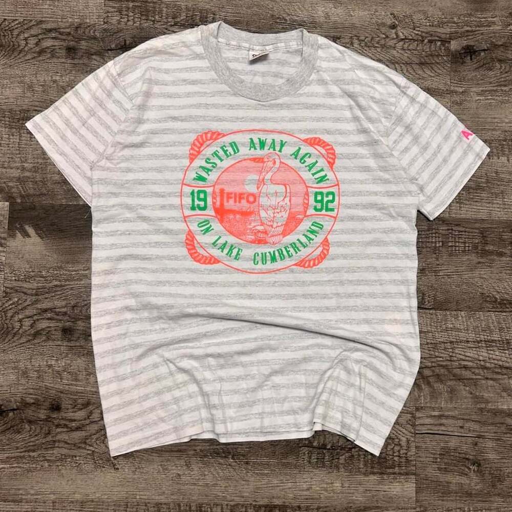 Vintage Anvil Lake Cumberland 1992 Striped T-Shirt Size L USA Made
